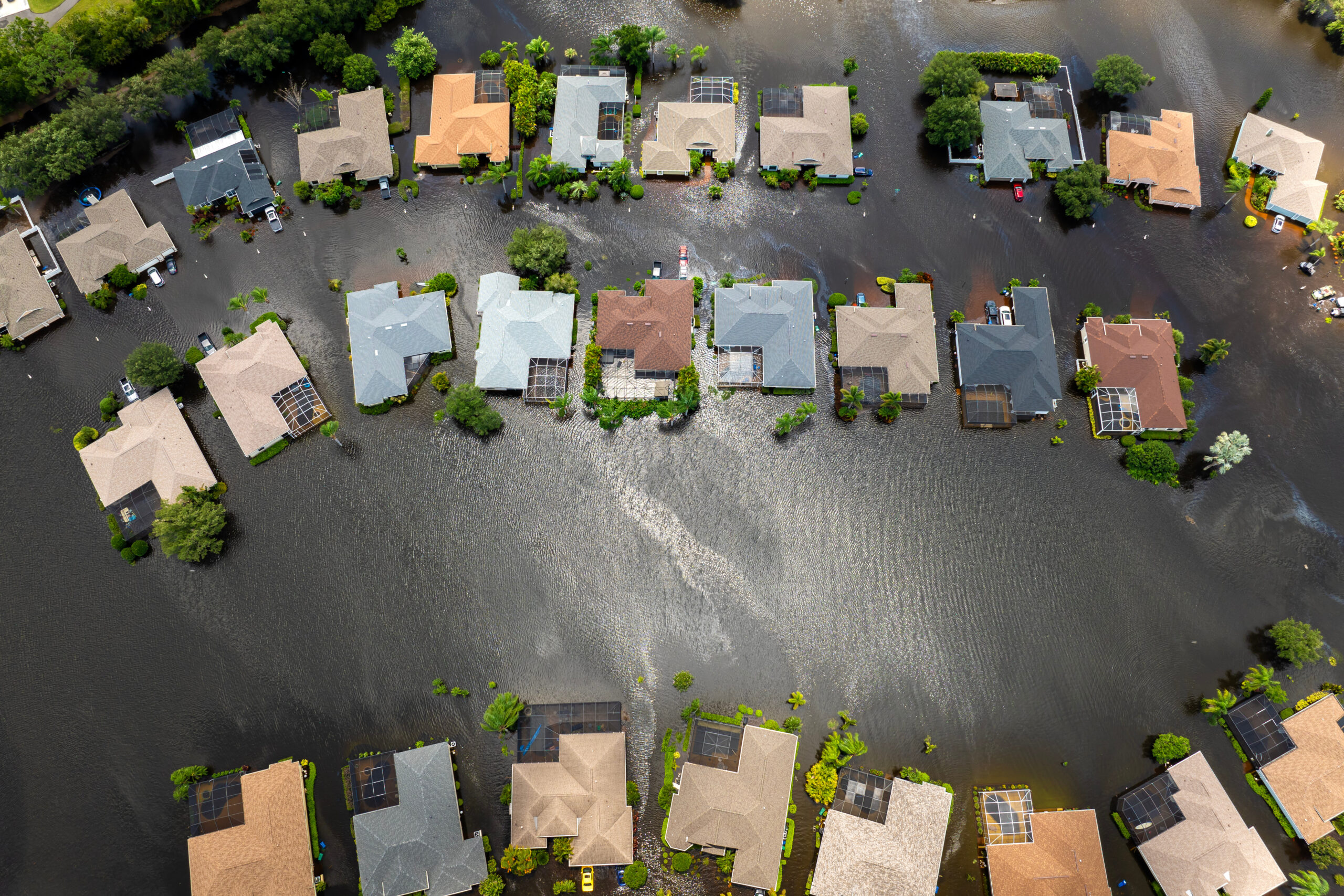Hurricane Debby flooded homes in Laurel Meadows community in Sarasota, Florida. Aftermath of natural disaster.